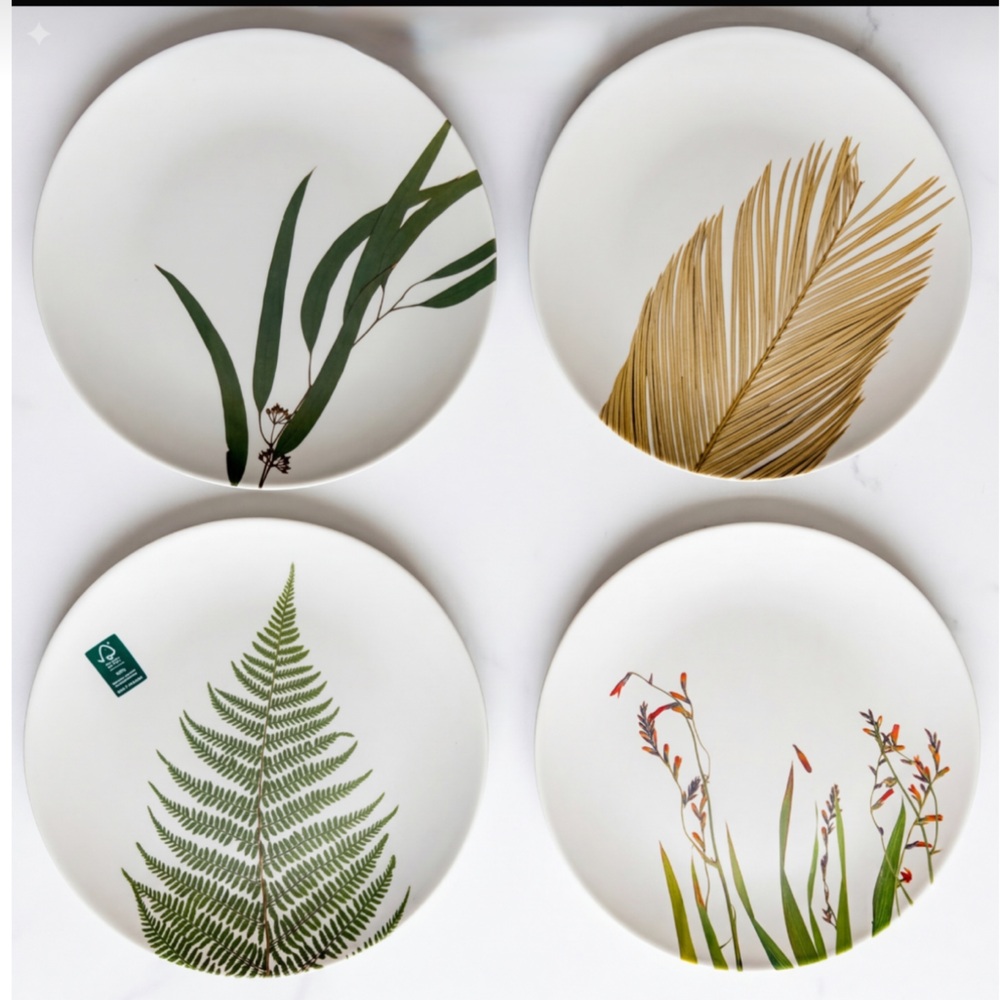 Crate and Barrel Botanical Bamboo Melamine Salad Dessert Plate 8.5" Set 4 Floral
